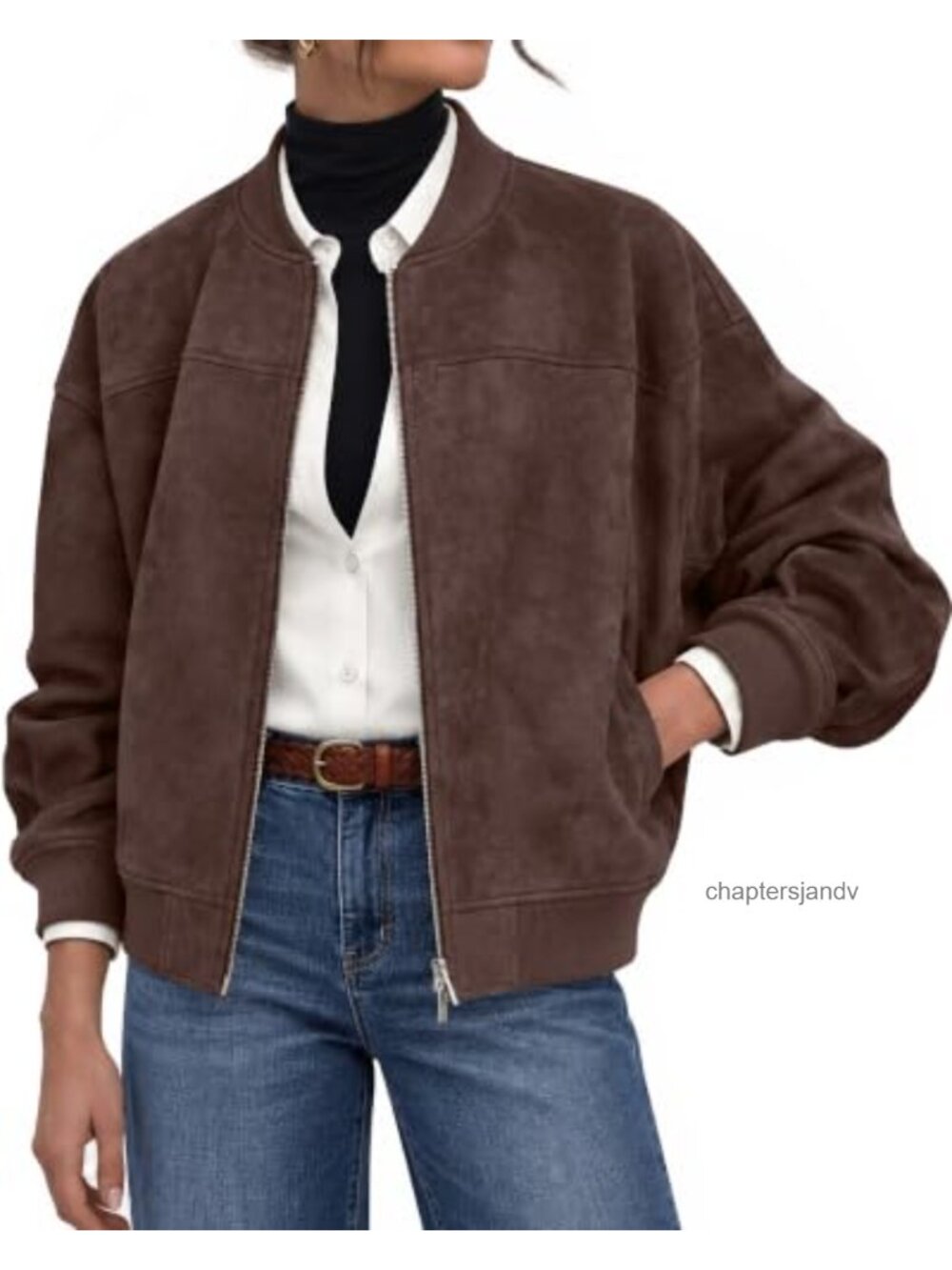 Faux Suede Bomber Jacket Cropped Long Sleeve Zip Up Casual Fall Outwear